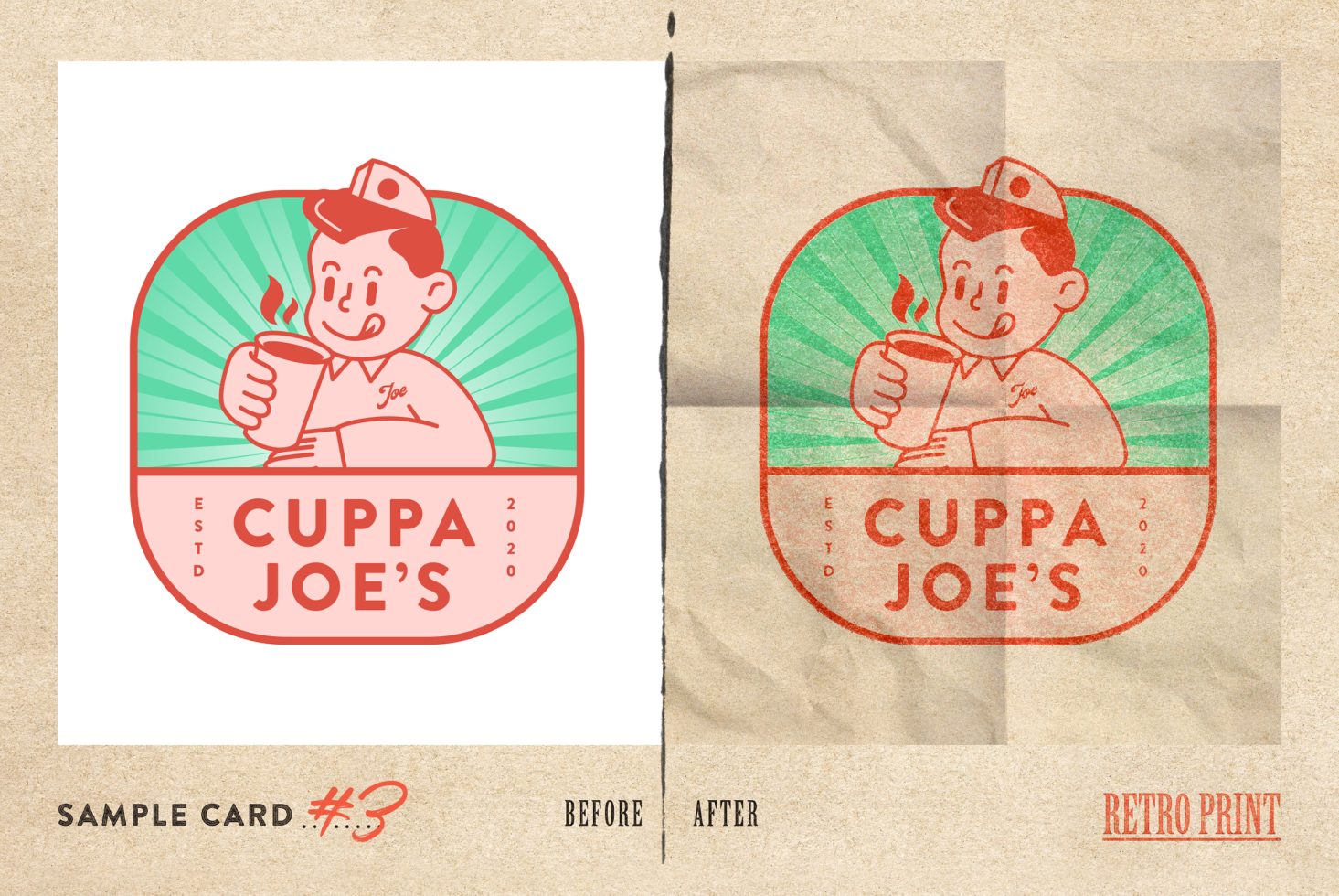 Vintage coffee logo mockup comparison on kraft paper, showcasing before and after effect of retro print design, ideal for branding and packaging.